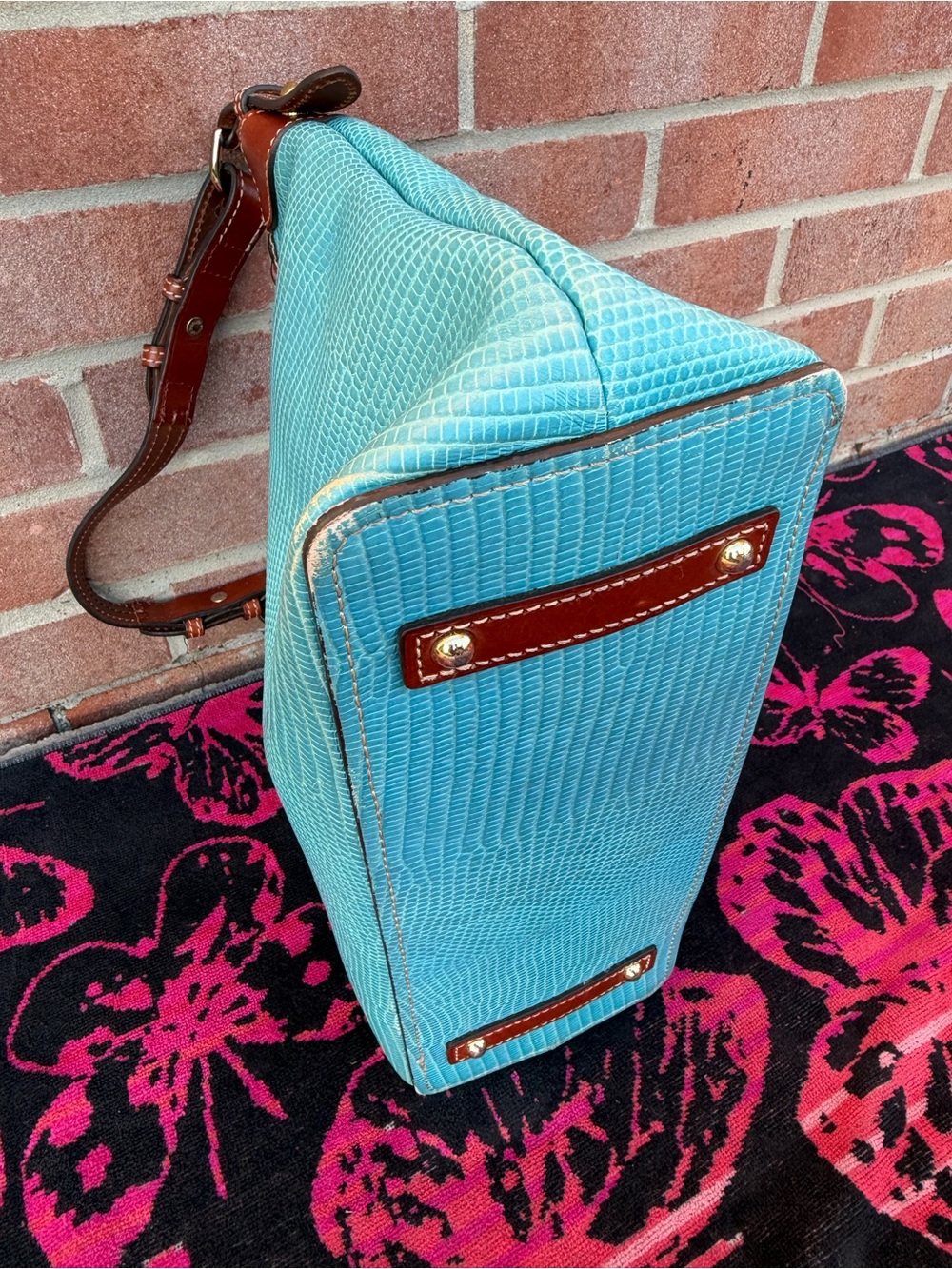 Dooney & Bourke Turquoise Textured Hobo Bag with Brown Trim - Picture 6 of 6